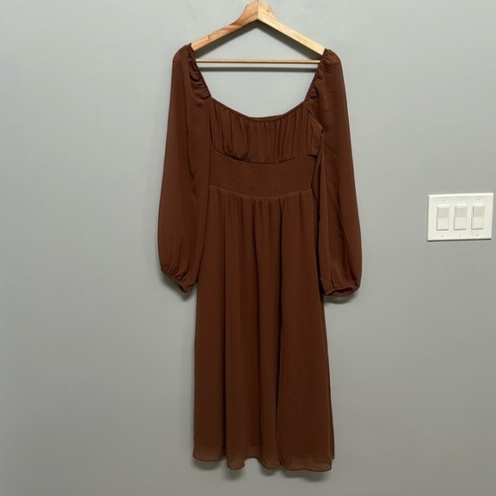 Aritzia Wilfred Brown Chiffon Smocked Midi Dress Size S